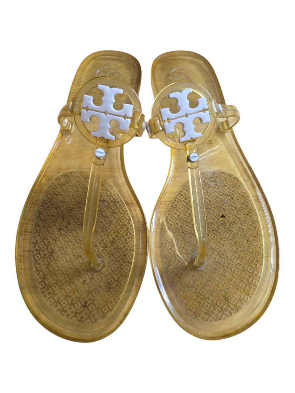 Tory Burch Miller Jelly Thong Sandals Amber Gold Clear Logo